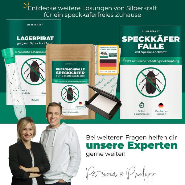 Silberkraft Produkte zur Bekämpfung von Speckkäfern: Lagerpirat, Pheromonfalle, Speckkäferfalle.