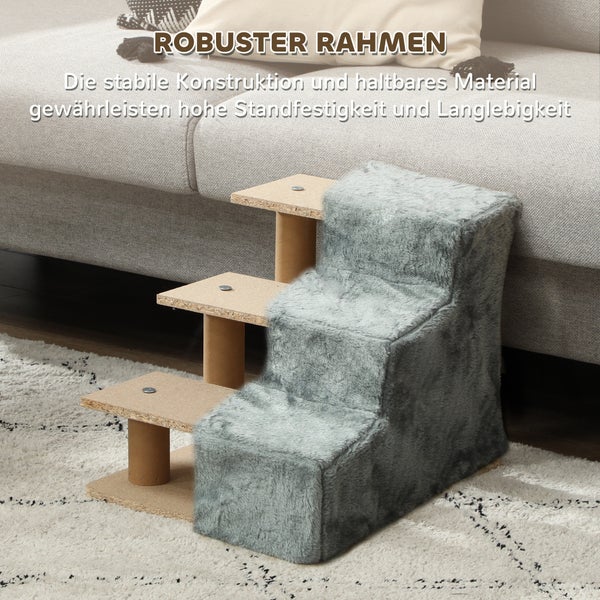 PawHut Hundetreppe 3-stufig, 35 cm Katzentreppe für Bett und Sofa, Haustiertreppe für Hunde und Katzen bis 5 kg, Plüschoptik, Hellgrau