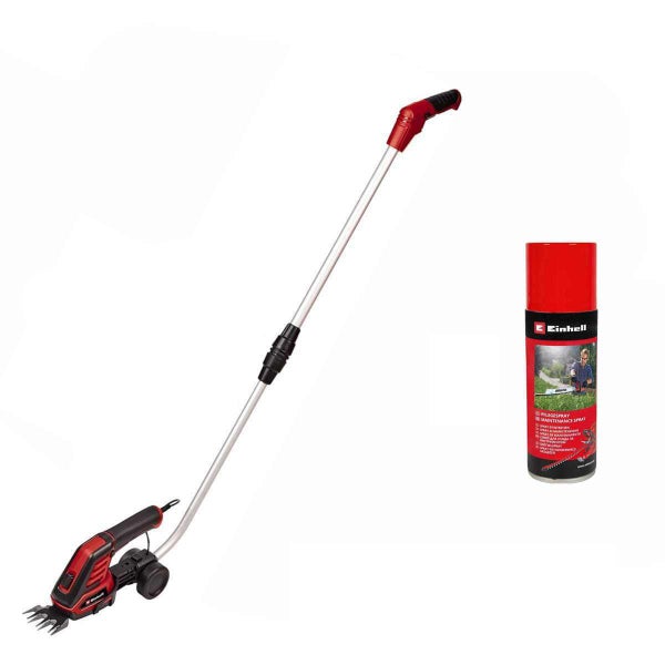 Einhell Akku-Gras- und Strauchschere mit Teleskopstiel und Pflegespray.