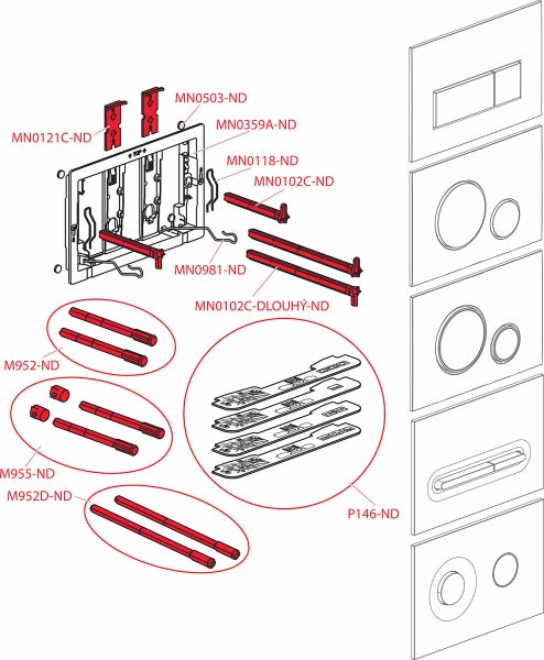 Explosionszeichnung von Ersatzteilen für WC-Betätigungsplatten mit Montagerahmen, Gewindestangen und verschiedenen Drückerplatten-Designs.