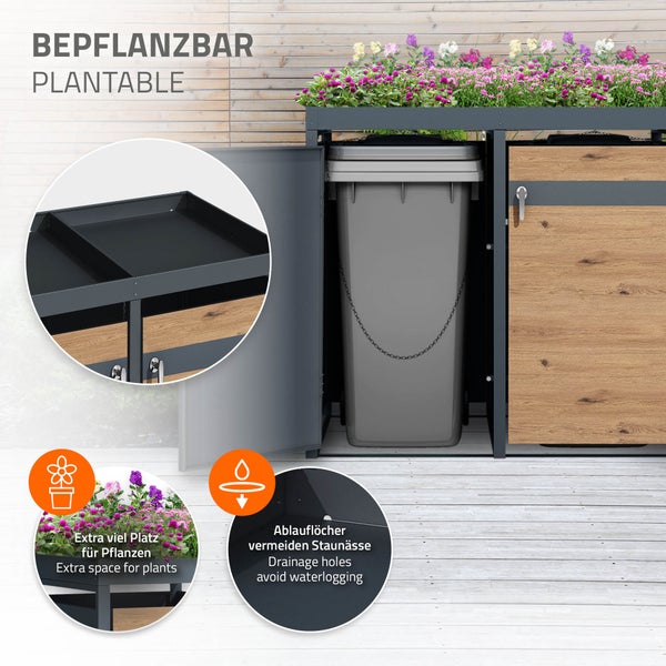 ML-Design Mülltonnenbox 3er mit Pflanzdach für 3 Tonnen, 240L 200x80x124 cm, Eiche-Optik, Stahl, wetterfest, Abschließbare Mülltonnenverkleidung mit Tür, Müllbox Mülltonnecontainer Mülltonnenabdeckung