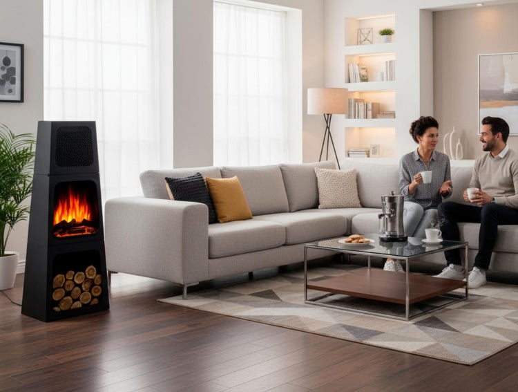 Wohnzimmer mit Elektrokamin, Sofa und Couchtisch.