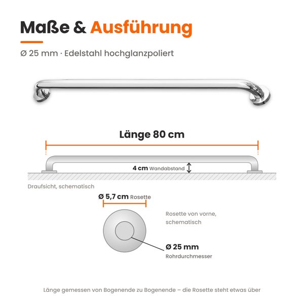 Maßzeichnung eines hochglanzpolierten Edelstahl Haltegriffs mit 80 cm Länge 25 mm Rohrdurchmesser und 4 cm Wandabstand.