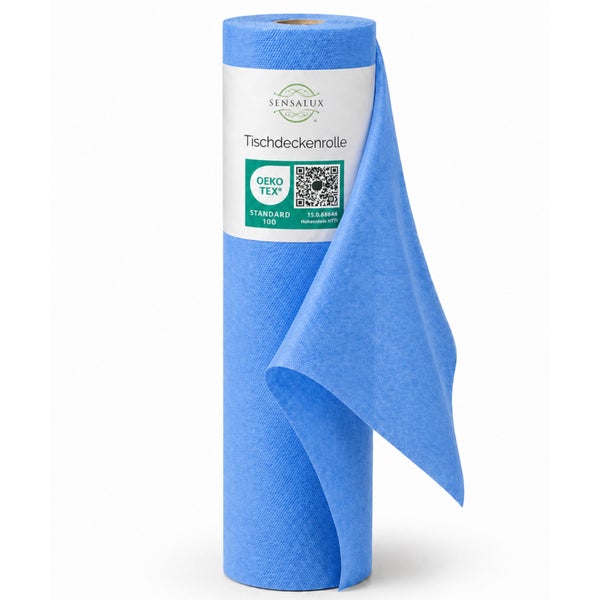 Blaue Sensalux Tischdeckenrolle aus Vliesstoff, Oeko-Tex Standard 100 zertifiziert.