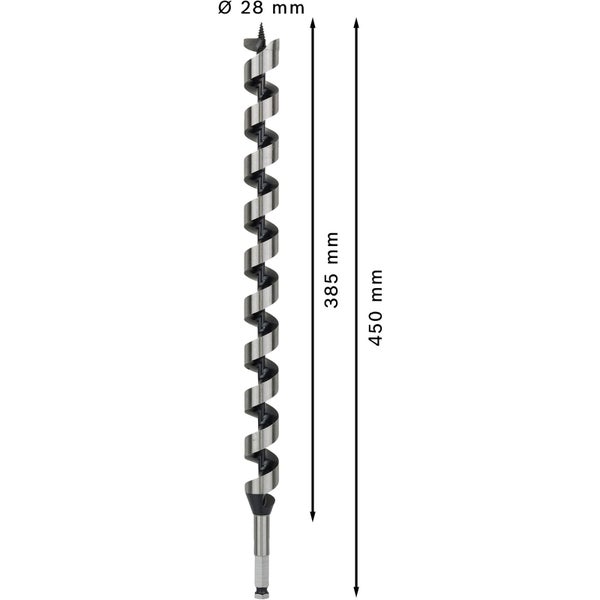 Holzspiralbohrer mit einem Durchmesser von 28 Millimeter und einer Länge von 450 Millimeter.