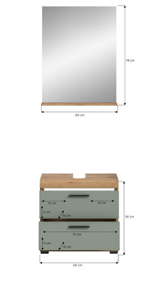 Badmöbel Set: Spiegel mit Ablage 78 mal 60 Zentimeter, Waschtischunterschrank mit zwei Schubladen 56 mal 60 Zentimeter, Eiche Optik und Grün.