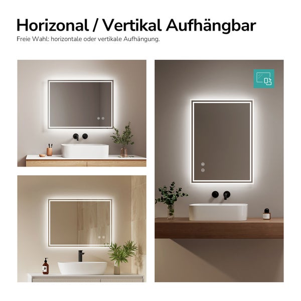 LED Badspiegel mit Anti-Beschlag-Funktion und Spritzwasserschutz IP44 in einem modernen Badezimmer über einem weißen Waschbecken.