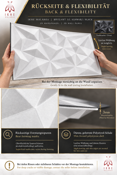Ikhe Malarka Brylant XL 3D Wandpaneel aus Polystyrol mit dreieckigem Strukturdesign, 3 Millimeter Materialstärke und Montagehinweisen.