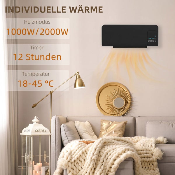 Wandheizlüfter mit digitalem Display, 1000 Watt oder 2000 Watt Heizleistung, 12 Stunden Timer und 18 bis 45 Grad Celsius Temperatureinstellung.