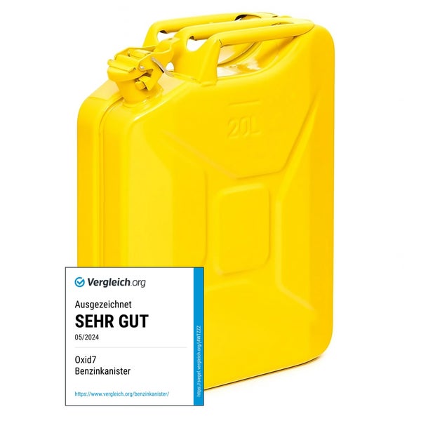 Kraftstoffkanister aus Metall mit 20 Liter Fassungsvermögen und Verschlussmechanismus mit Vergleich.org Auszeichnung sehr gut.