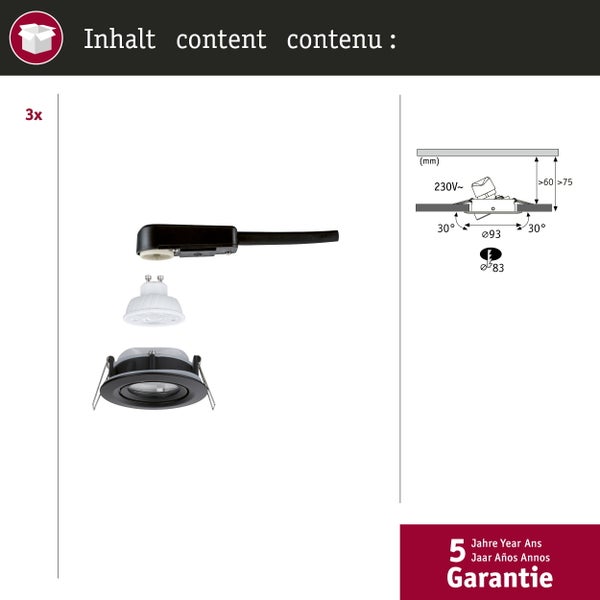 Dreierset Einbaustrahler mit schwarzem Rahmen, GU10 LED Leuchtmittel und Anschlusskabel, inklusive Maßzeichnung und 5 Jahre Garantie.