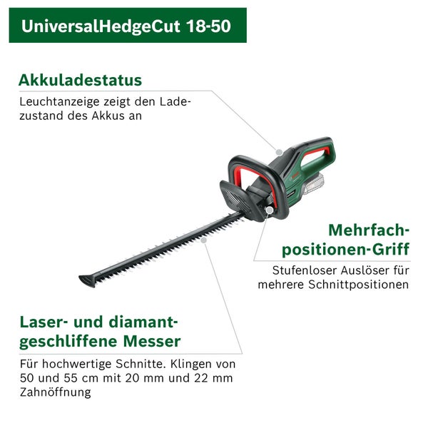 Bosch Akku-Heckenschere UniversalHedgeCut 18-50 mit Ladestatus, Mehrfach-positionen-Griff und laser- und diamantgeschliffenen Messern.