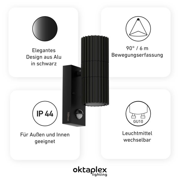Oktaplex Para Wandlampe mit Bewegungsmelder Edelstahl 2xGU10 Fassung schwarz