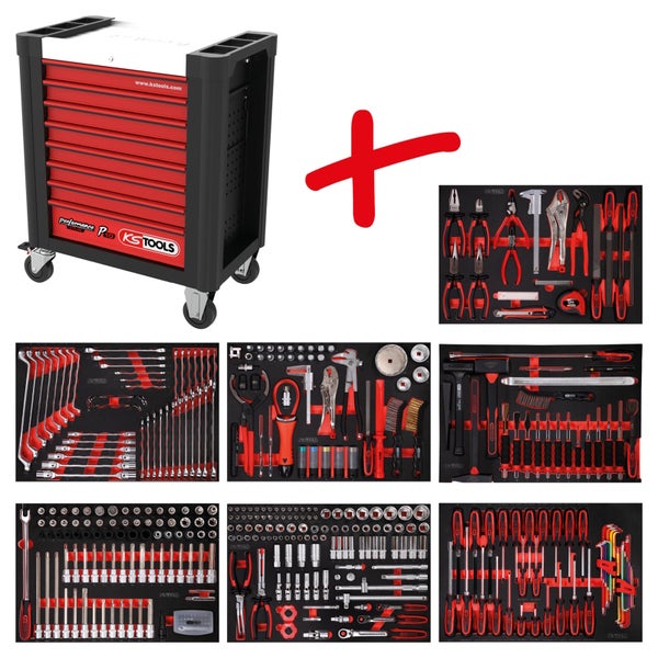 KS Tools Werkstattwagen Performance Plus P10 in Rot und Schwarz mit Edelstahl Arbeitsfläche, ausziehbaren Schubladen und Rollen.