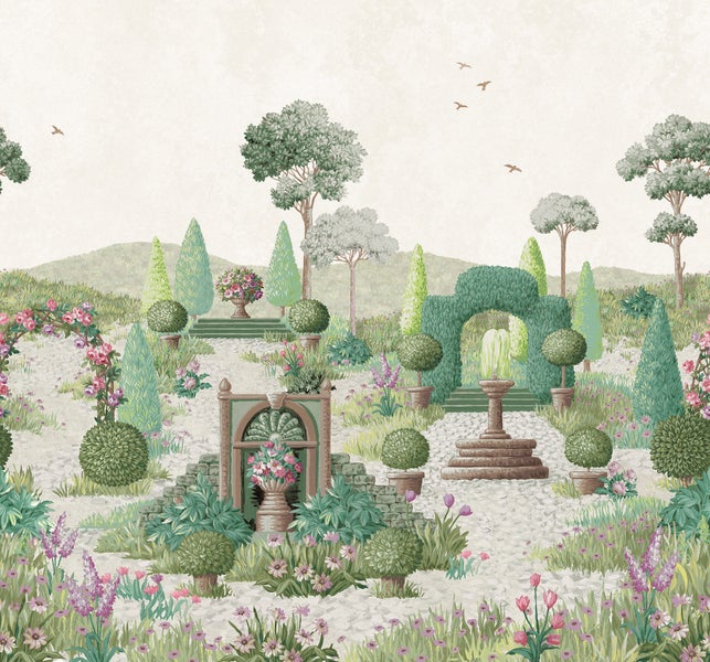 Tapete mit illustriertem Gartenmotiv, Springbrunnen, Blumen und Bäumen im klassischen Stil für die Wandgestaltung.