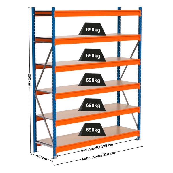 Lagerregal mit fünf Regalböden und Gewichtsangabe