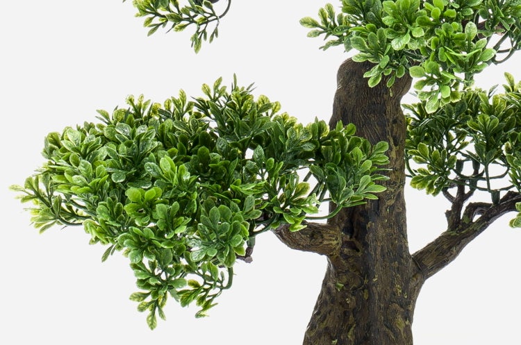 Detailaufnahme eines künstlichen Bonsais mit strukturiertem Stamm und kleinen grünen Blättern.