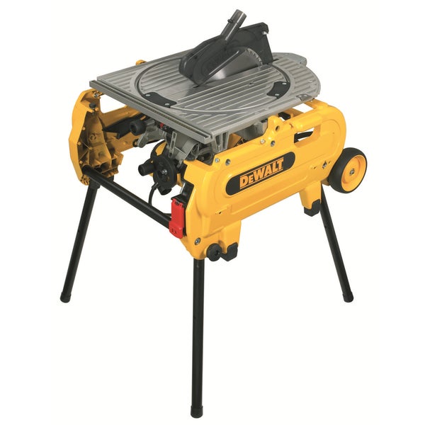 DeWALT Tischkreissäge mit schwarzem Untergestell und Rollen für den mobilen Einsatz bei der Holzbearbeitung.