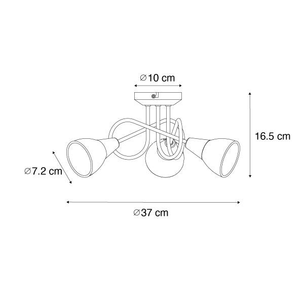 Abbildung der Maße einer Deckenleuchte mit drei Strahlern, Durchmesser 37 cm.