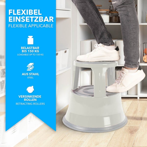 FLOORDIREKT Rollhocker - Elefantenfuß - aus Stahl - Mobiler Tritthocker - Sitzmöglichkeit für Büro und Gewerbe - Lichtgrau