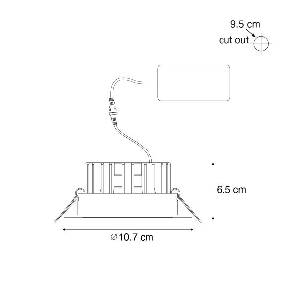 Maßzeichnung eines Einbaustrahlers mit Transformator. Durchmesser 10,7 Zentimeter, Einbautiefe 6,5 Zentimeter, Lochausschnitt 9,5 Zentimeter.