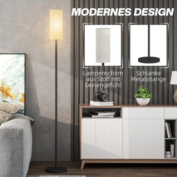 Stehlampe mit Stoffschirm und schlanker Metallstange im modernen Design