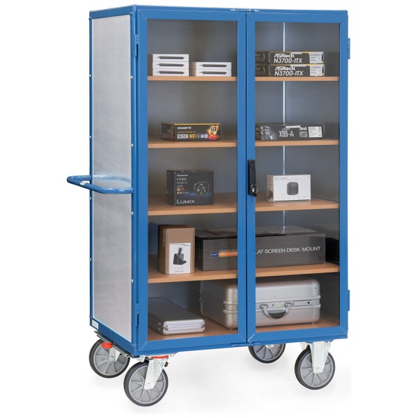 Blauer Werkzeugwagen mit Rollen, Glastüren und Holzregalen