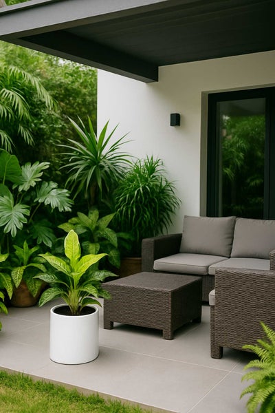 Moderne Terrasse mit dunkelbraunen Rattangartenmöbeln, grauen Sitzkissen und verschiedenen grünen Pflanzen in Töpfen auf grauen Fliesen.