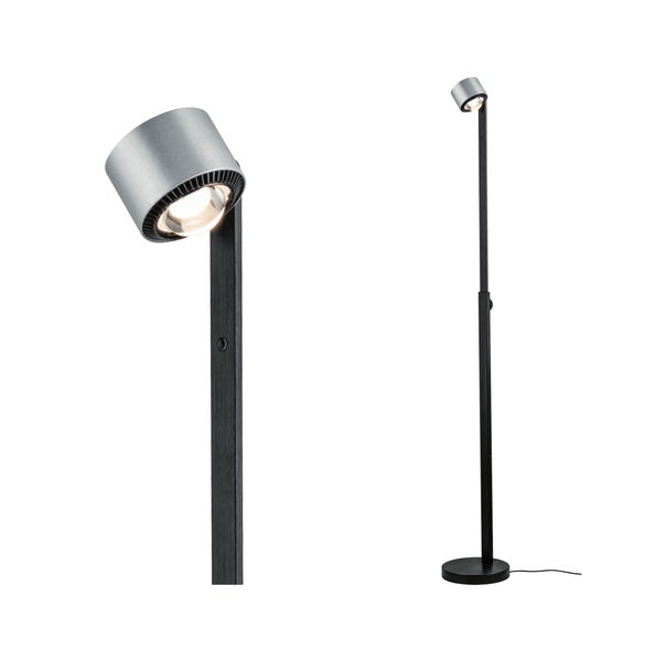 Moderne LED Stehleuchte mit schwenkbarem Leuchtenkopf und rundem Standfuß für den Innenbereich.