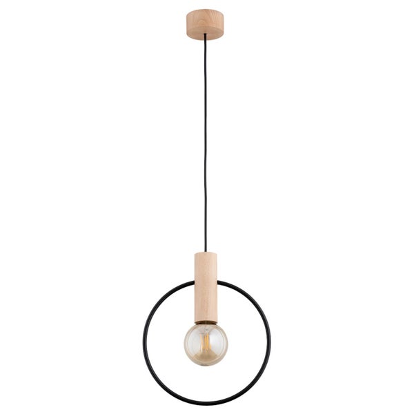 Moderne Pendelleuchte mit Holz Elementen und einem runden Metallrahmen als dekoratives Beleuchtungselement fuer den Innenbereich