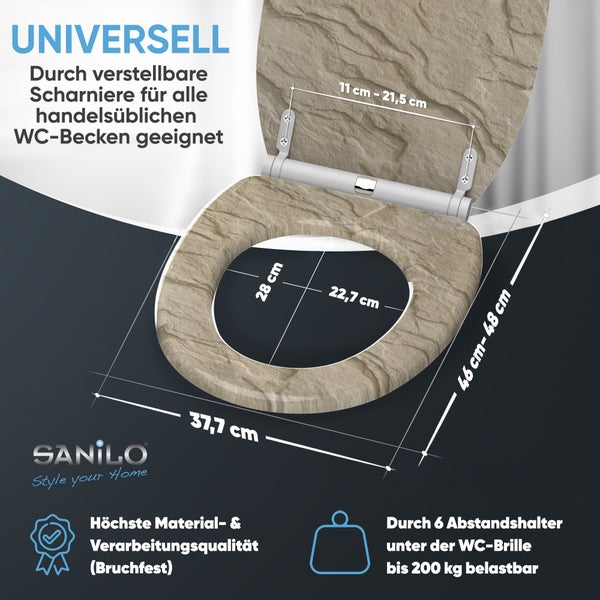 WC-Sitz mit Steinoptik, Maße 37,7 mal 46 bis 48 Zentimeter, Scharnierabstand 11 bis 21,5 Zentimeter, belastbar bis 200 Kilogramm. Sanilo Logo.