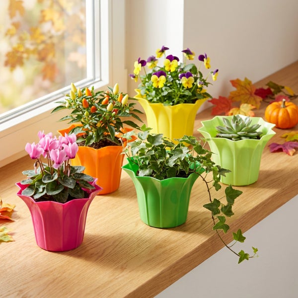 Verschiedene Zimmerpflanzen in bunten Pflanzgefäßen aus Kunststoff auf einer Fensterbank dekoriert für eine herbstliche Atmosphäre.