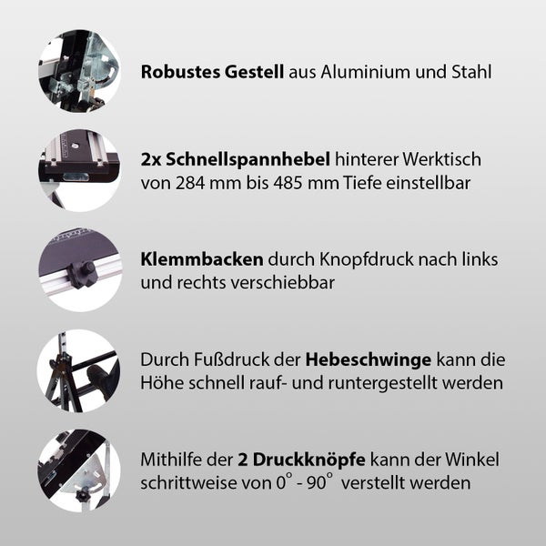 Infografik mit Produktmerkmalen eines Arbeitstisches: stabiles Gestell, verstellbarer hinterer Werktisch, verschiebbare Klemmbacken und Fußpedal.