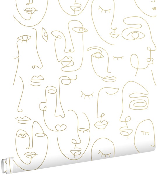 ESTAhome Tapete Line Art Gesichter Weiß und Gold - 53 cm x 10.05 m - 139146