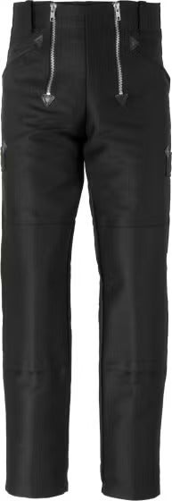 Schwarze Zunfthose für Handwerker mit zwei Reißverschlüssen auf der Vorderseite, robustem Stoff und Gürtelschlaufen.