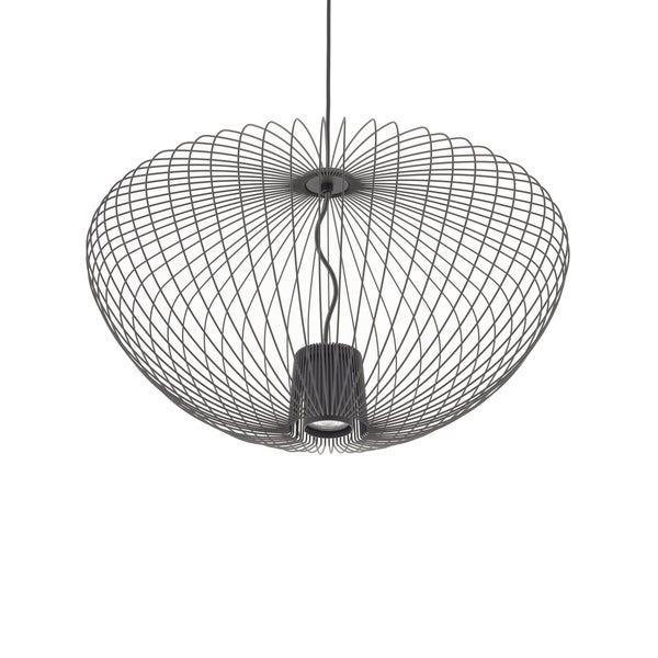 Moderne Pendelleuchte aus schwarzem Metalldraht in ovaler Käfigform.