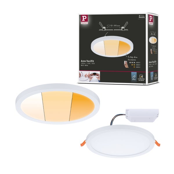 Paulmann Areo VariFit Einbauleuchte mit 3 Stufen Dimmfunktion und verstellbarer Farbtemperatur, 13 Watt, Schutzart IP44, inklusive Produktverpackung.