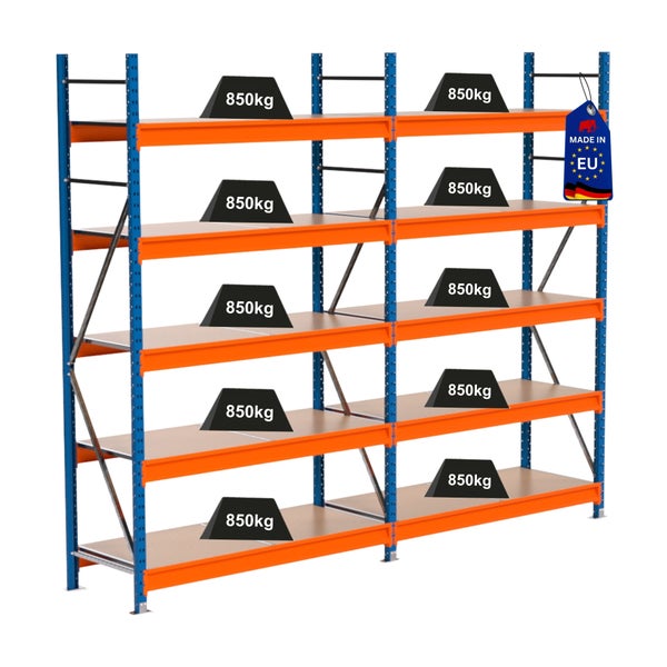 Regal mit mehreren Ebenen und einer Traglast von 850 Kilogramm pro Ebene mit dem Made in EU Siegel
