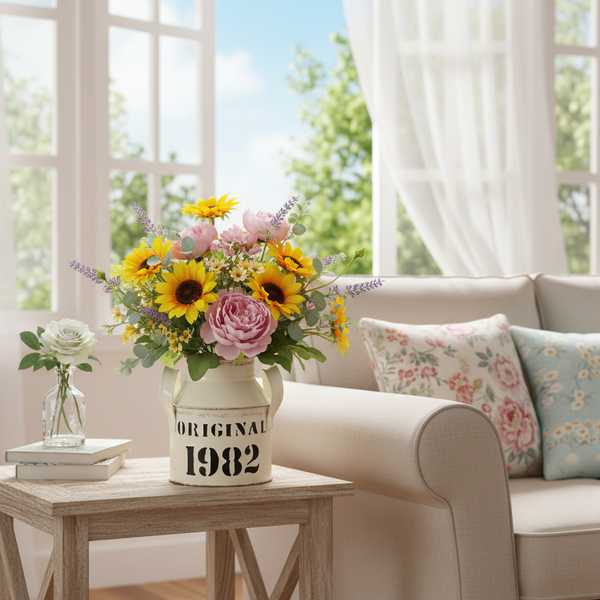 Künstlicher Blumenstrauß mit Sonnenblumen und Pfingstrosen in einer Milchkanne auf einem Beistelltisch neben einem Sofa im hellen Wohnzimmer.