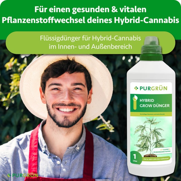 Ein lächelnder Gärtner mit Strohhut neben einer Flasche Purgrün Hybrid Grow Flüssigdünger für Hybrid-Cannabis im Innen- und Außenbereich.