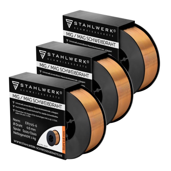 STAHLWERK Schweißdraht MIG MAG ER70S-6 SG2 Ø 0,6 mm S100/D100 3er-Set