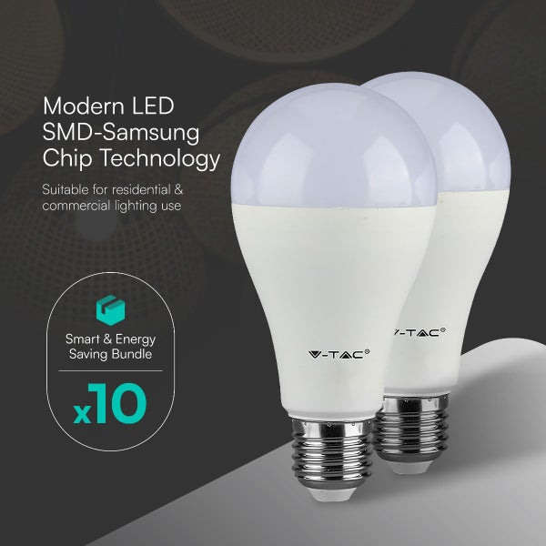 Zehnerpack energieeffiziente V-TAC LED-Leuchtmittel mit Samsung Chip-Technologie und E27-Sockel.