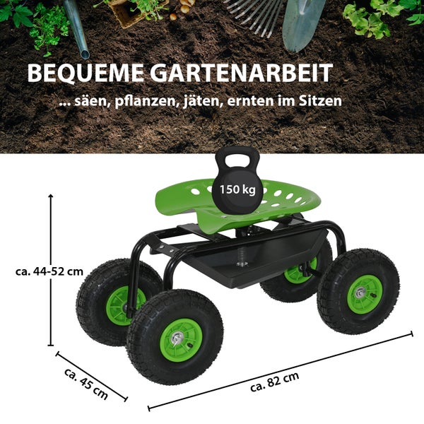 Gartenarbeitssitz mit Rädern, Sitzhöhe circa 44 bis 52 Zentimeter, Radabstand circa 45 mal 82 Zentimeter, Belastbarkeit 150 Kilogramm