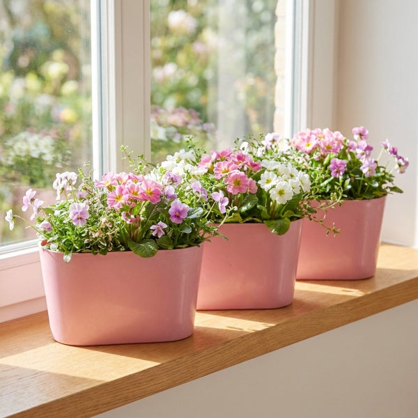 Drei rosa Blumenuebertöpfe mit bunten Primeln und Frühlingsblumen auf einer Fensterbank aus Holz vor einem Fenster.