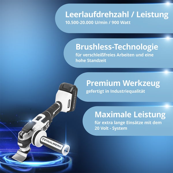 Stahlwerk Akku-Multitool mit bürstenloser Technologie, 20 Volt System, 900 Watt und 10.500 bis 20.000 Umdrehungen pro Minute.