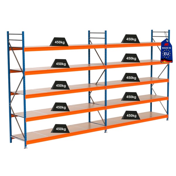 Schwerlastregal mit mehreren Ebenen und einer Traglast von 450 Kilogramm pro Ebene