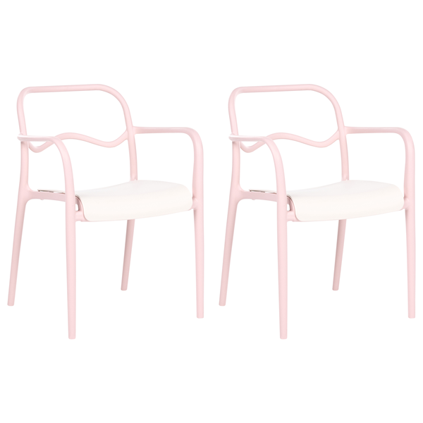 Zwei Armlehnstühle mit weißer Sitzfläche und rosafarbenem Gestell