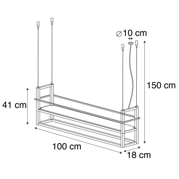 Technische Zeichnung einer Hängeleuchte mit Regal, Abmessungen: 100 cm Länge, 18 cm Breite, 41 cm Höhe, 150 cm Kabellänge, 10 cm Baldachindurchmesser