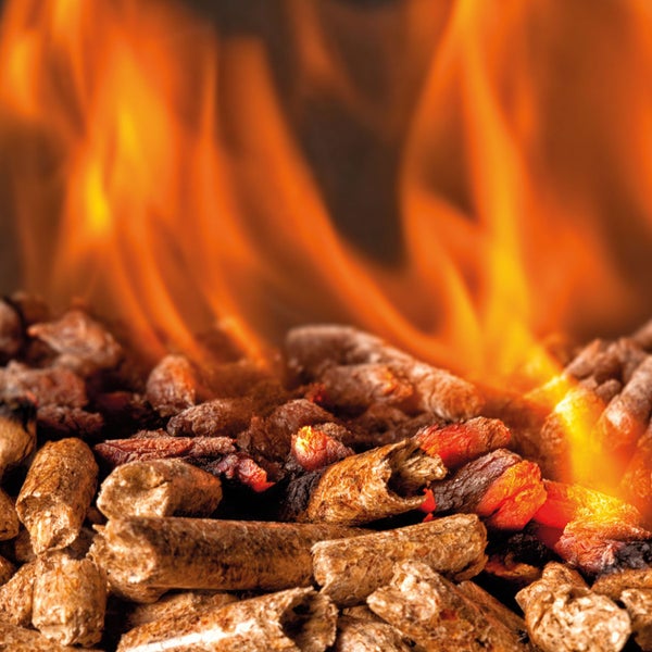 Brennende Holzpellets mit lodernden Flammen.