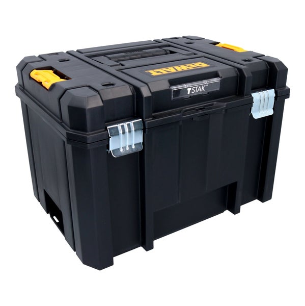 DeWalt TSTAK Werkzeugbox aus robustem Kunststoff mit Metallschließen und Tragegriff.